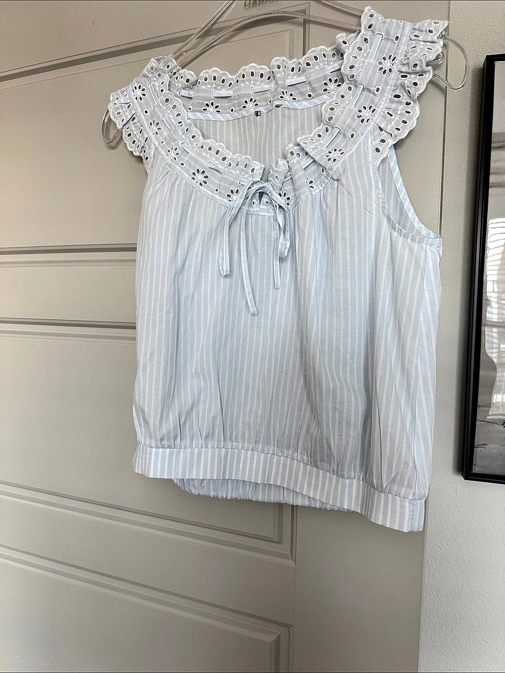 NWOT Striped Ruffle Tank Top in Blue White with Eyelet Detail, S